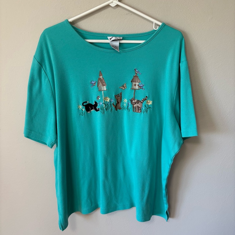 Cat and Bird Embroidered Shirt XL